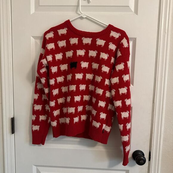 Rowan Blazers Black Sheep 80% Wool Sweater Size M Red Grandma Core Princess Di - Picture 1 of 7